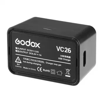 Godox VC26 Caricabatterie USB-C per batterie flash V1 e V860III – ingresso 5V/2A, uscita 8,4V/1A, indicatore LED, incl. cavo USB-A a USB-C