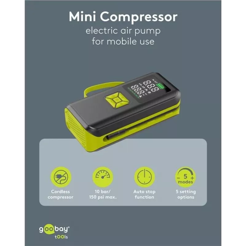 Goobay Tools pompa ad aria a batteria con display digitale, 10,3 bar, ricarica USB-C, luce LED, batteria ricaricabile Li-Ion 2000 mAh, include adattatori e custodia 77827