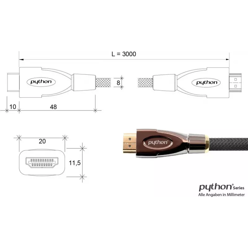 GoodConnections PYTHON Series cavo HDMI High-Speed con Ethernet, 4K UHD 60Hz, 18Gbps, placcato oro, treccia in nylon, 3m, nero (GC-M0018)