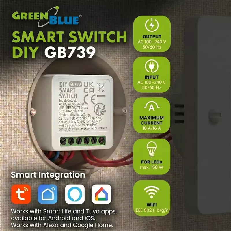 Relè di controllo Wi-Fi da incasso GREENBLUE GB739