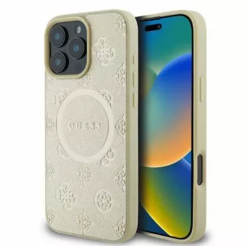 GUESS Custodia MagSafe per Apple iPhone 16 Pro Max Saffiano Peony Stamp oro