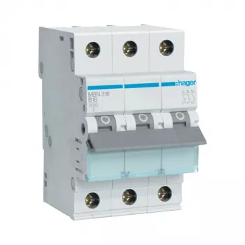 Hager MBN316 interruttore automatico 3 poli 16A curva B 6kA, 3 moduli di larghezza