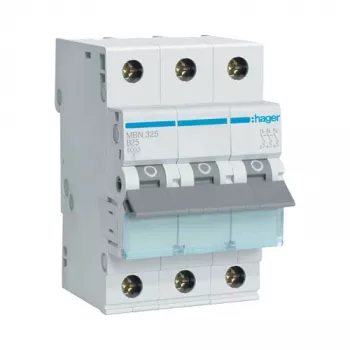 Hager MBN325 interruttore automatico magnetotermico tripolare 25 A curva B, 6 kA, 3 moduli