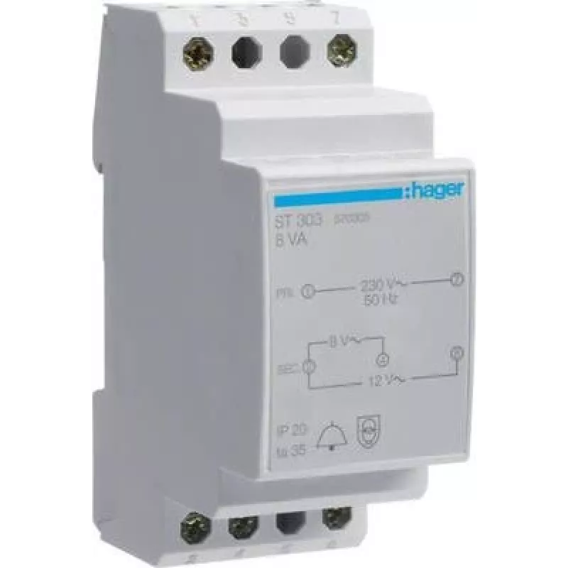 Hager ST303 trasformatore per campanello 230V a 8V/12V 8VA 2 moduli
