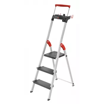 HAILO L100 TopLine Scala domestica in alluminio con 3 gradini, ripiano multifunzione e barra di sicurezza