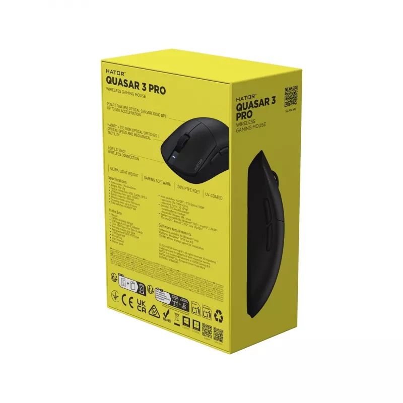 Mouse gaming wireless Hator Quasar 3 Pro - sensore ottico 26000 DPI, 2,4GHz, USB-C, RGB, nero