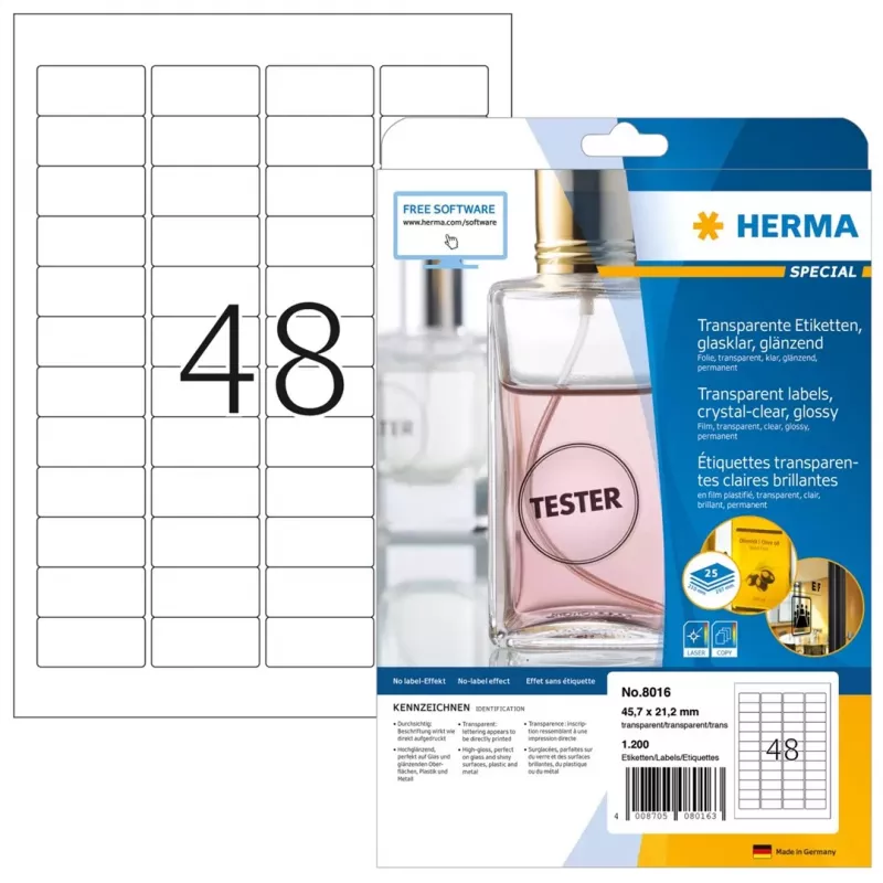 HERMA 8016 etichette in poliestere cristalline lucide A4 45,7 x 21,2 mm 1200 etichette