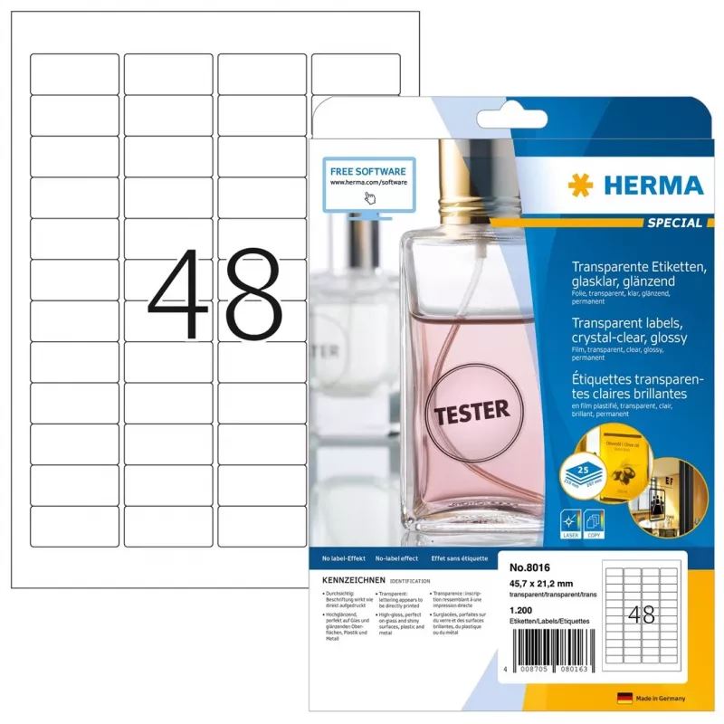 HERMA 8016 etichette in poliestere cristalline lucide A4 45,7 x 21,2 mm 1200 etichette