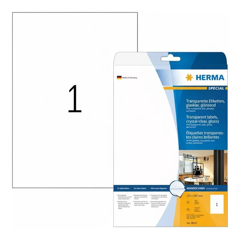 HERMA etichette speciali in poliestere adesive lucide trasparenti A4, 25 fogli