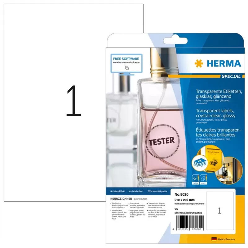 HERMA etichette speciali in poliestere adesive lucide trasparenti A4, 25 fogli