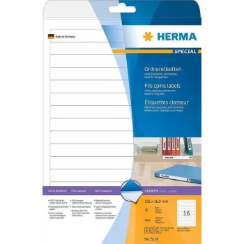 HERMA Special Permanent Etichette per archivio adesive opache, carta, bianco, 192 x 16,9 mm, 400 etichette (25 fogli x 16) (5118)