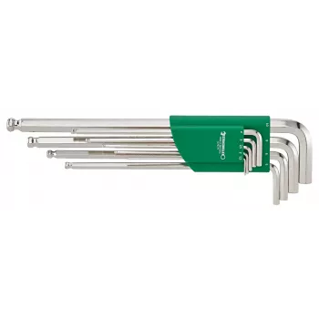 Set di chiavi a brugola 1,5-10 mm, lunghe con testa sferica, 9 pezzi, fosfatate, DIN 911