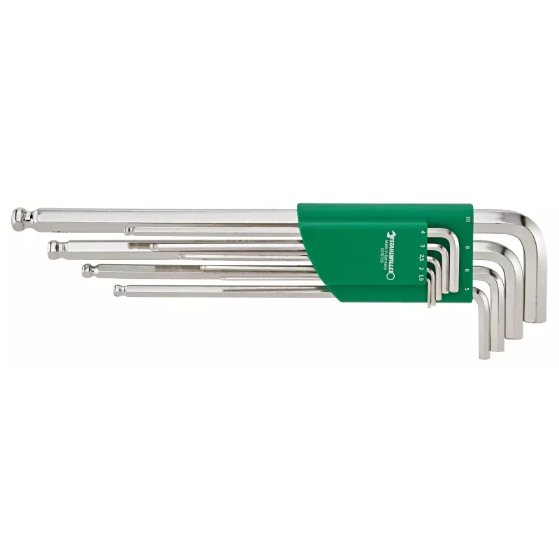 Set di chiavi a brugola 1,5-10 mm, lunghe con testa sferica, 9 pezzi, fosfatate, DIN 911