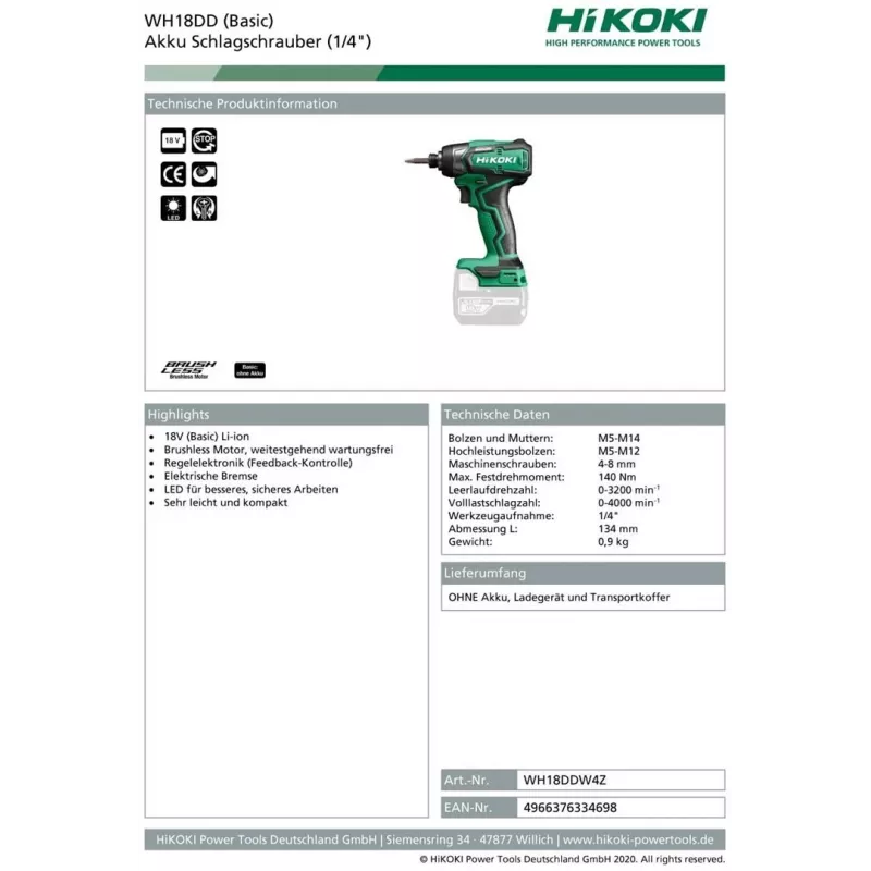 HIKOKI WH18DD avvitatore a impulsi a batteria 18V, 0-3200 giri/min, 0-400 IPM