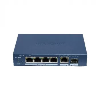 Switch unmanaged Hikvision DS-3E1506P-EI/M-4P1T1F(O-STD) con 4 porte PoE+, 1 Gigabit RJ45 e 1 uplink SFP