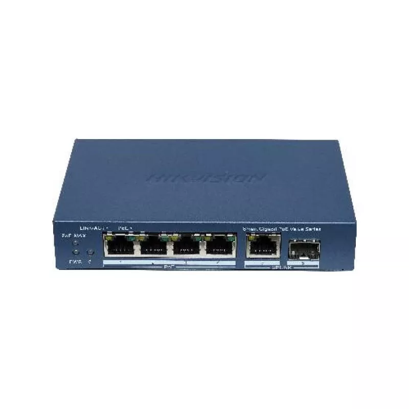Switch unmanaged Hikvision DS-3E1506P-EI/M-4P1T1F(O-STD) con 4 porte PoE+, 1 Gigabit RJ45 e 1 uplink SFP