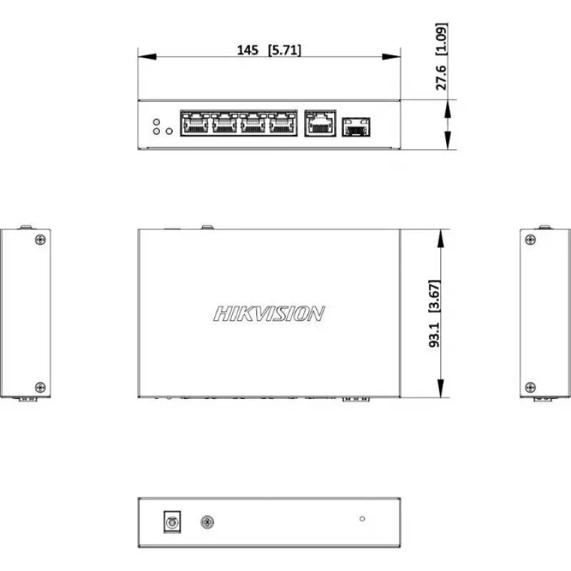 Switch unmanaged Hikvision DS-3E1506P-EI/M-4P1T1F(O-STD) con 4 porte PoE+, 1 Gigabit RJ45 e 1 uplink SFP