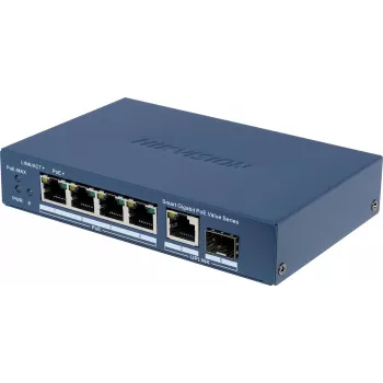 Switch unmanaged Hikvision DS-3E1506P-EI/M-4P1T1F(O-STD) con 4 porte PoE+, 1 Gigabit RJ45 e 1 uplink SFP