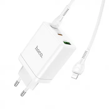 HOCO caricabatterie da parete 35W dual USB-C + USB-A PD & QC3.0 con cavo USB-C a Lightning, bianco