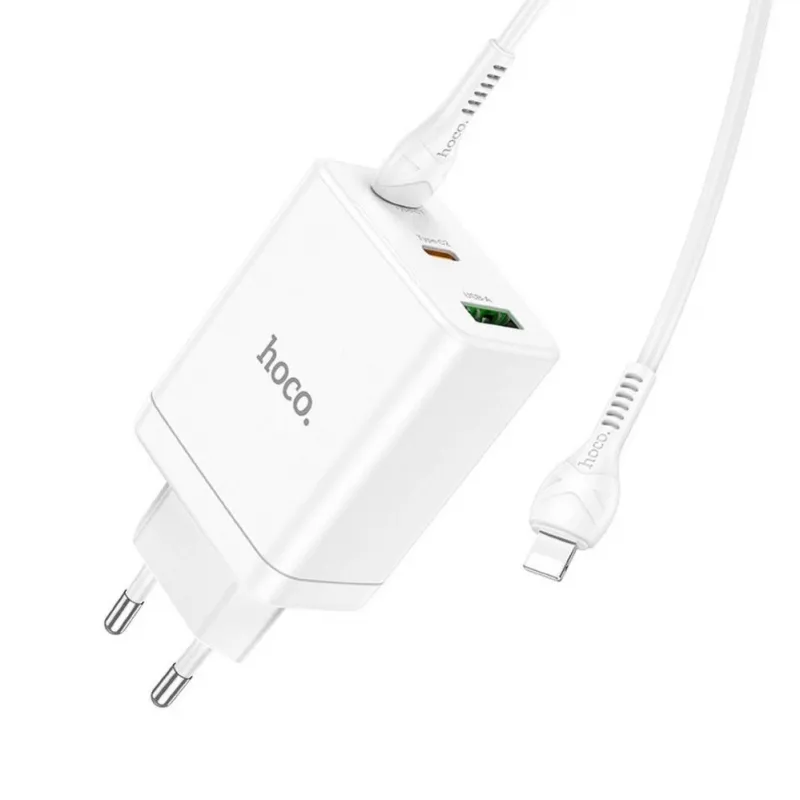 HOCO caricabatterie da parete 35W dual USB-C + USB-A PD & QC3.0 con cavo USB-C a Lightning, bianco