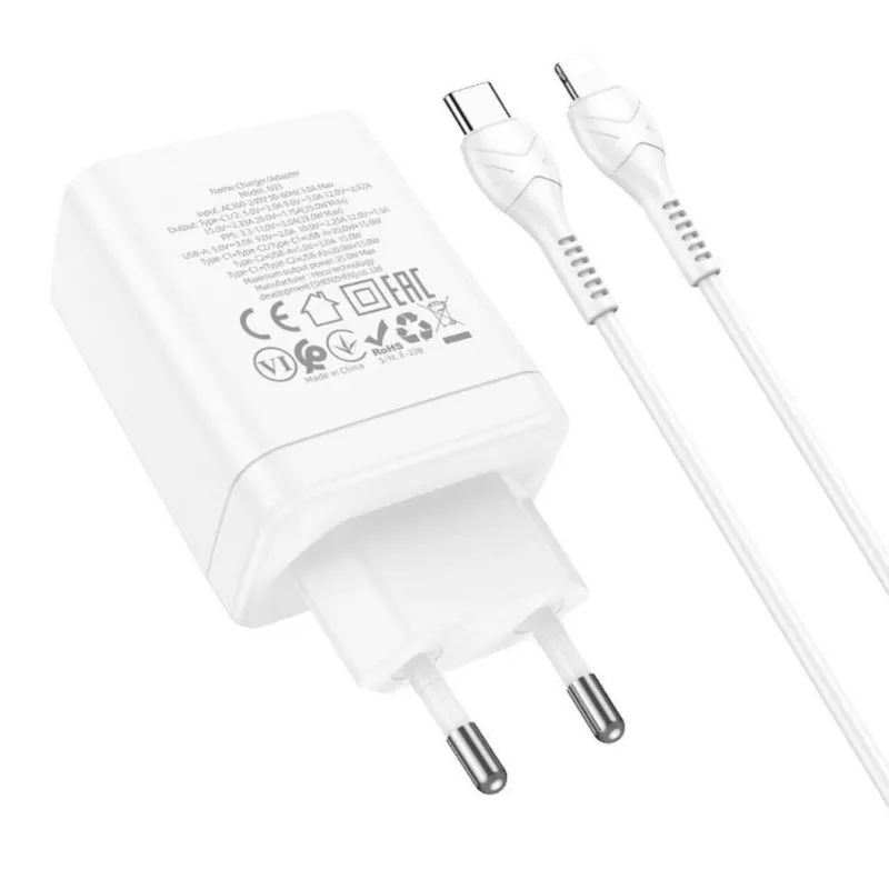 HOCO caricabatterie da parete 35W dual USB-C + USB-A PD & QC3.0 con cavo USB-C a Lightning, bianco