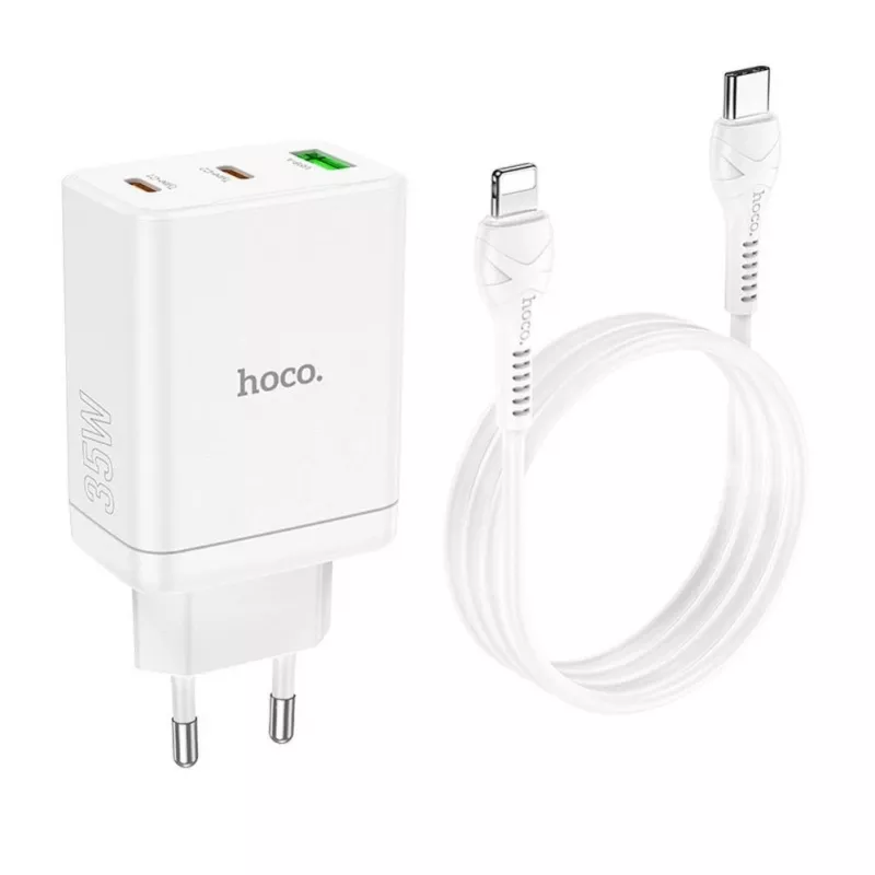 HOCO caricabatterie da parete 35W dual USB-C + USB-A PD & QC3.0 con cavo USB-C a Lightning, bianco