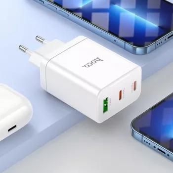 HOCO caricabatterie da parete 35W dual USB-C + USB-A PD & QC3.0 con cavo USB-C a Lightning, bianco