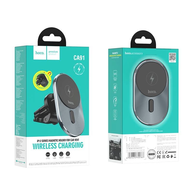 Hoco CA91 supporto auto magnetico Magic con ricarica wireless rapida, 15W, grigio