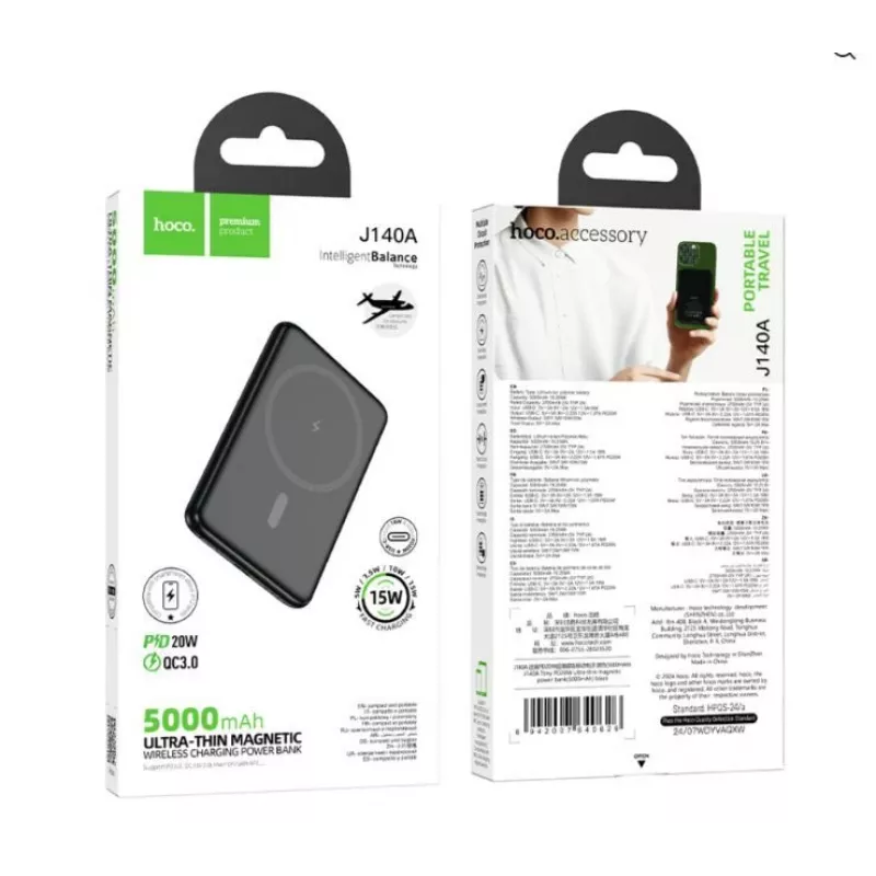 Hoco J140A Tony PD20W Power Bank Magnetica Ultra-Sottile (5000mAh) Nero