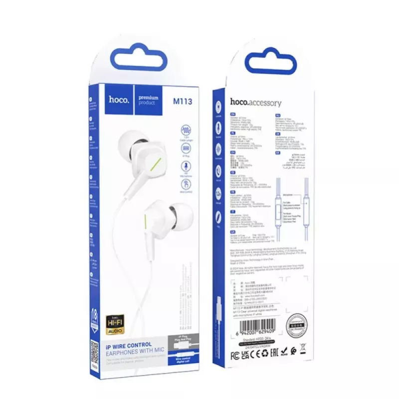 Auricolari digitali universali Hoco M113 con microfono per Apple Lightning, bianchi