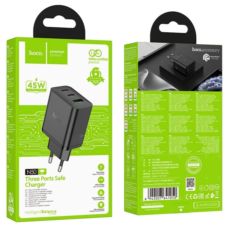 Hoco N50 Scenery PD45W (2C1A) caricabatterie spina EU nero