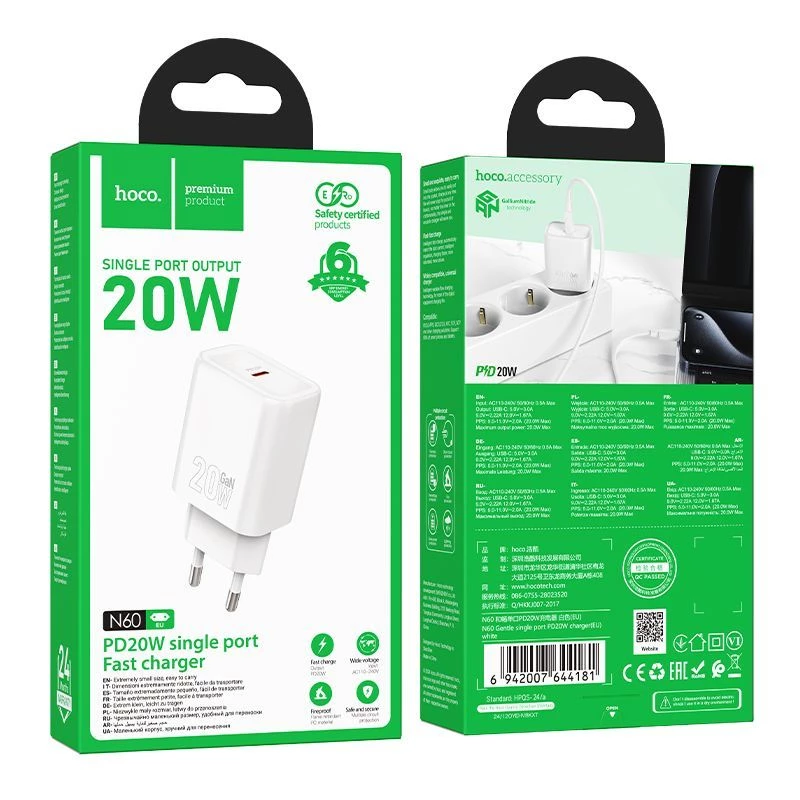 Caricabatterie Hoco N60 Gentle a porta singola PD20W (EU) bianco