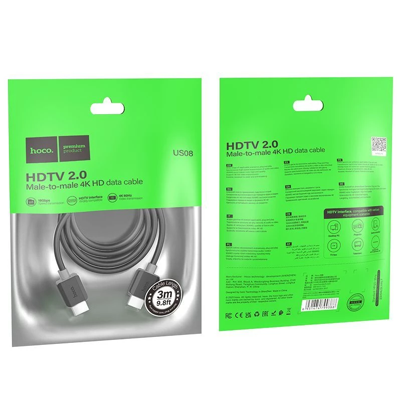 Hoco US08 Cavo HDMI 2.0 3m Nero 4K HDR Placcato oro