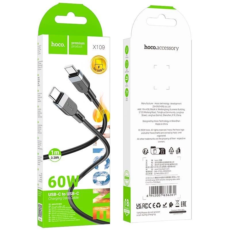 Hoco X109 Energy Cavo dati e ricarica in silicone 60W USB-C a USB-C 1m nero