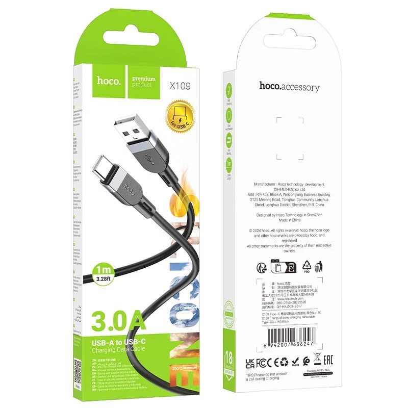 Hoco X109 Cavo dati e ricarica in silicone Energy USB-A a USB-C 1m nero