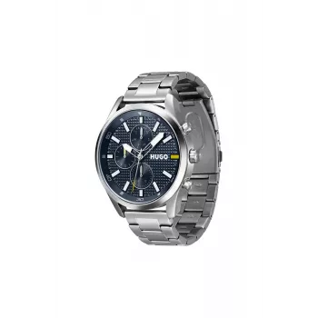 HUGO orologio analogico al quarzo uomo 1530163 46mm quadrante blu cinturino in pelle marrone