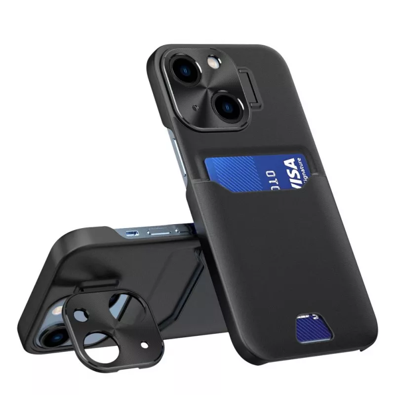 HURTEL iLike Apple iPhone 14 custodia in pelle con supporto e porta carte nero