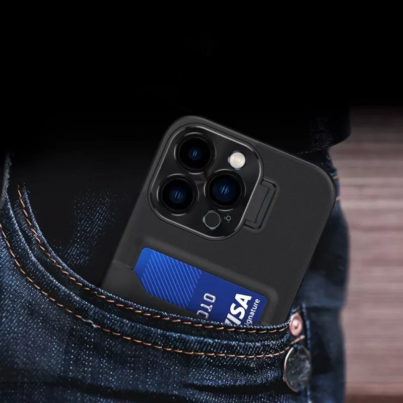 HURTEL iLike Apple iPhone 14 custodia in pelle con supporto e porta carte nero