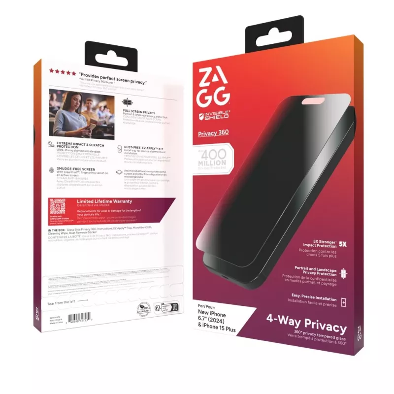 InvisibleShield Glass Elite Privacy 360 Protezione display per Apple iPhone 16 Plus / 15 Plus