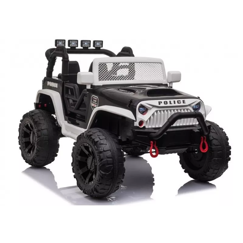 JC666 Auto elettrica per bambini della polizia con luci LED, MP3 e telecomando bianca