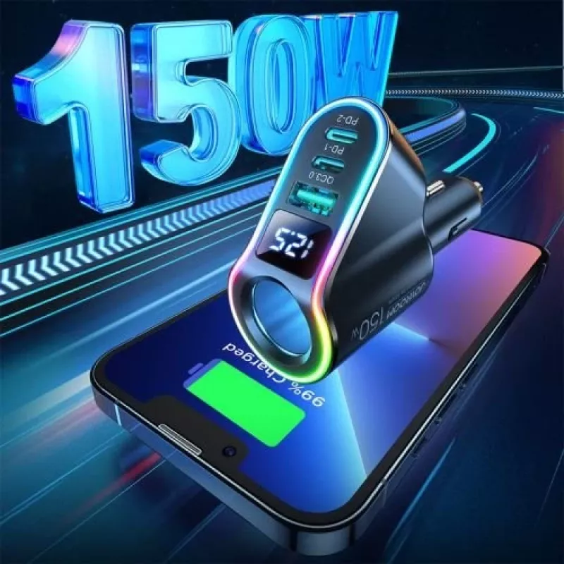 Caricabatterie da auto 4-in-1 con trasmettitore FM Bluetooth Joyroom PD 150W nero (JR-CL21)