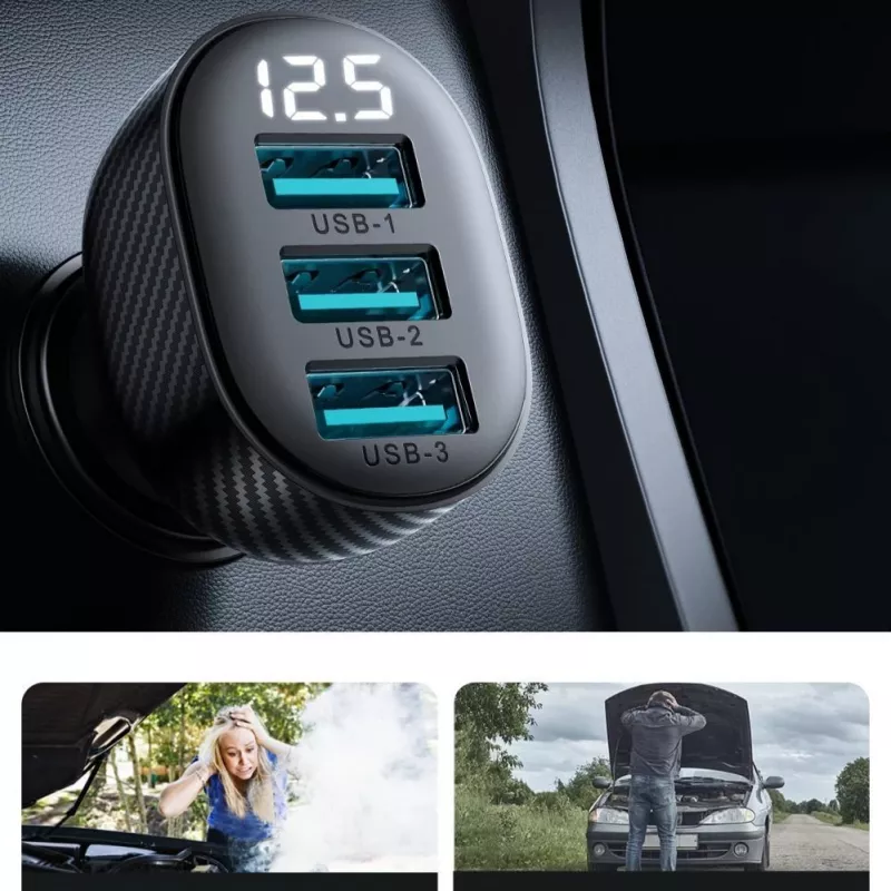 Joyroom JR-CCD03 Caricatore da auto con display digitale, 3x USB-A, 17W, 3,4A, nero