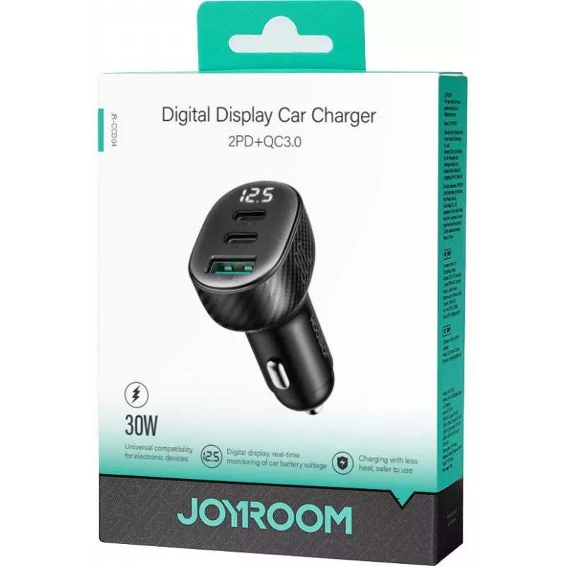 Joyroom JR-CCD04 Caricabatterie da auto 30W 2x USB-C USB-A con display digitale - nero