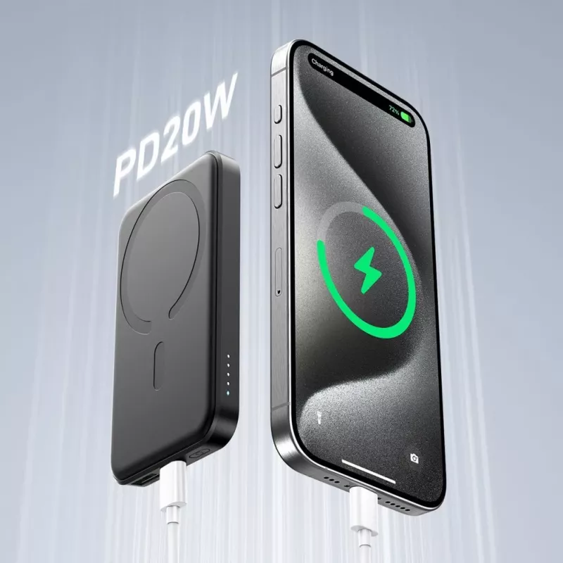 JOYROOM JR-W020 Mini Power Bank 5000mAh 20W USB-A USB-C Ricarica Wireless - Nero + Cavo USB-C