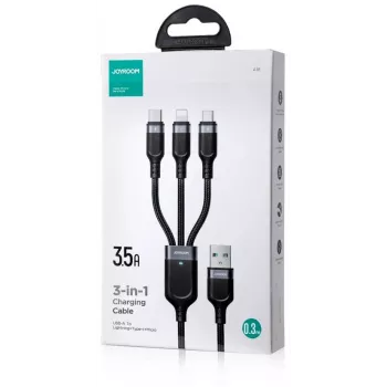 JOYROOM S-1T3018A18 Cavo multi-ricarica 3 in 1 USB-A a USB-C/Micro-USB/Lightning, 30 cm in nylon intrecciato, 3.5A, nero