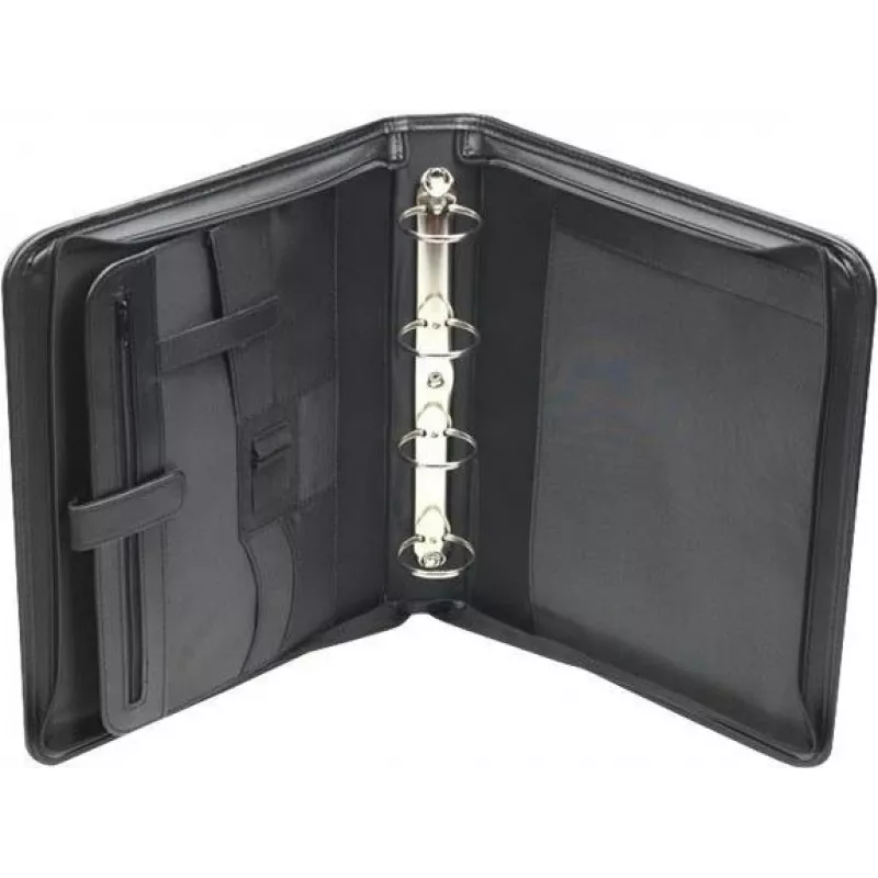 JÜSCHA RIMINI cartella portadocumenti con zip A4 in similpelle nera con scomparto per blocco note, tasche per biglietti, passante per penna, tasca per smartphone
