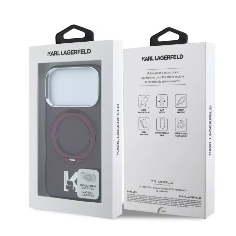Karl Lagerfeld IML Ring Stand 360 Kameo Metal cover MagSafe per iPhone 18 Pro / 17 Pro - bordeaux