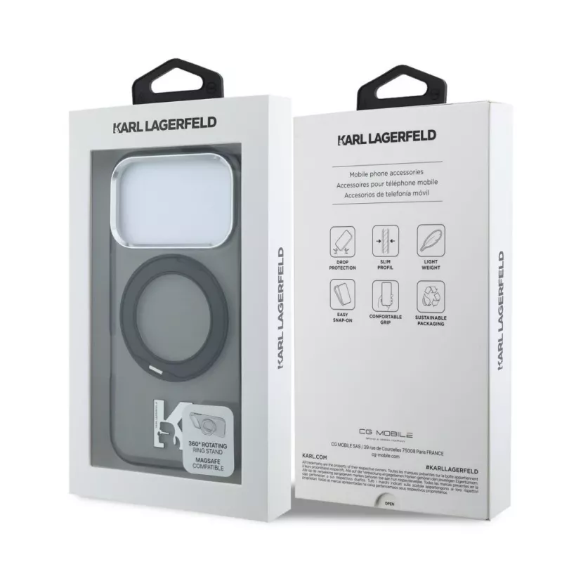 Karl Lagerfeld Custodia MagSafe IML Ring Stand 360 Kameo Metal per iPhone 18 Pro / 17 Pro - nero