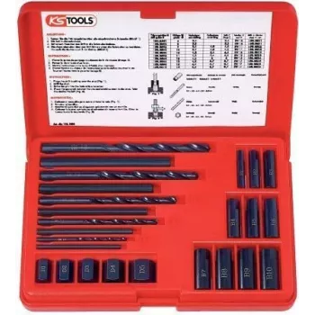 KS TOOLS set da 25 estrattori viti, estrattori sinistrorsi HSS, M3-M18, con punte elicoidali e guide di foratura (150.1305)