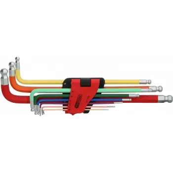 KS TOOLS Set di 9 chiavi a brugola con testa sferica extra lunghe con doppia testa sferica, 1,5-10mm, cromo-vanadio, cromato opaco, DIN ISO 2936, ERGOTORQUEplus 151.3222